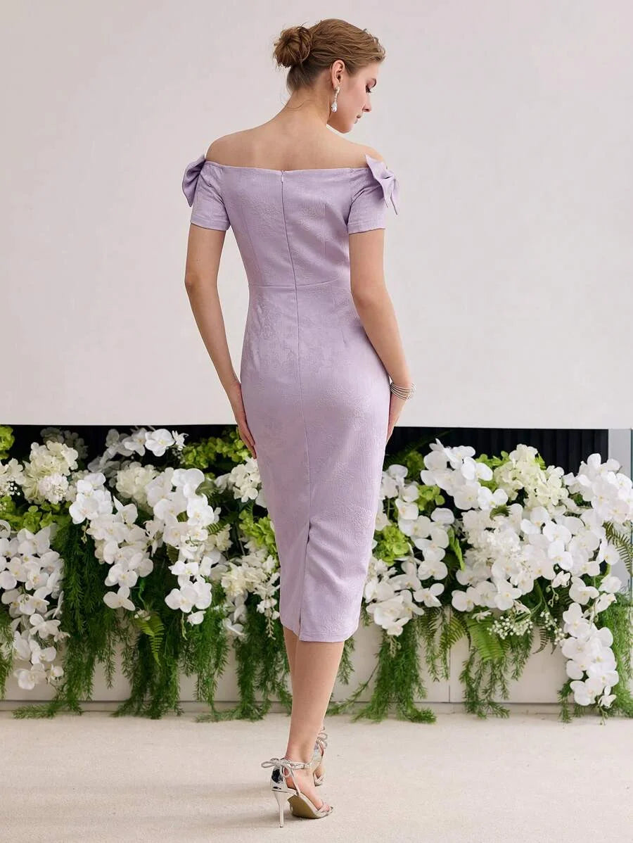 PREMIUM FLORAL JACQUARD OFF SHOULDER BOW DECOR RHINESTONE DETAIL DRESS