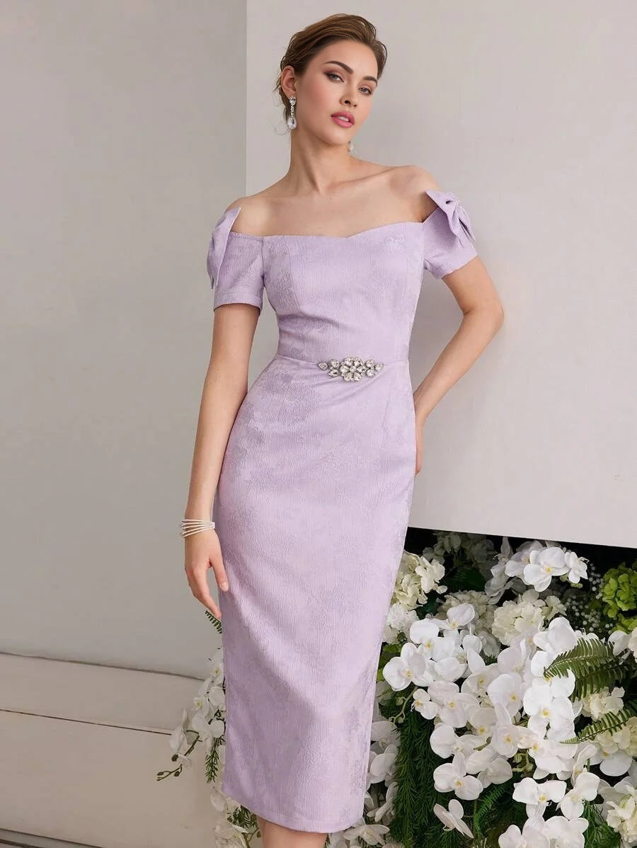 PREMIUM FLORAL JACQUARD OFF SHOULDER BOW DECOR RHINESTONE DETAIL DRESS