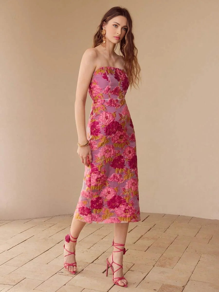 PREMIUM FLORAL JACQUARD TUBE DRESS