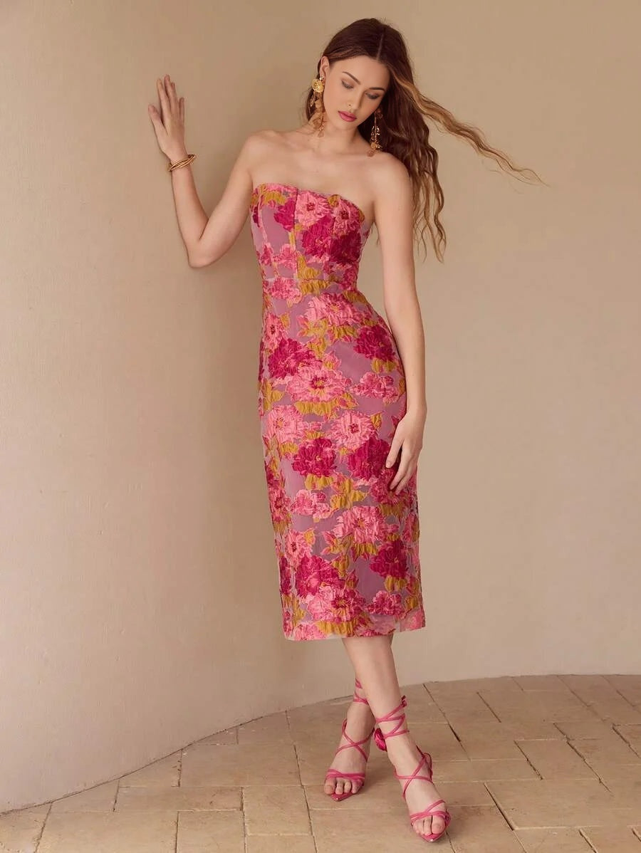 PREMIUM FLORAL JACQUARD TUBE DRESS