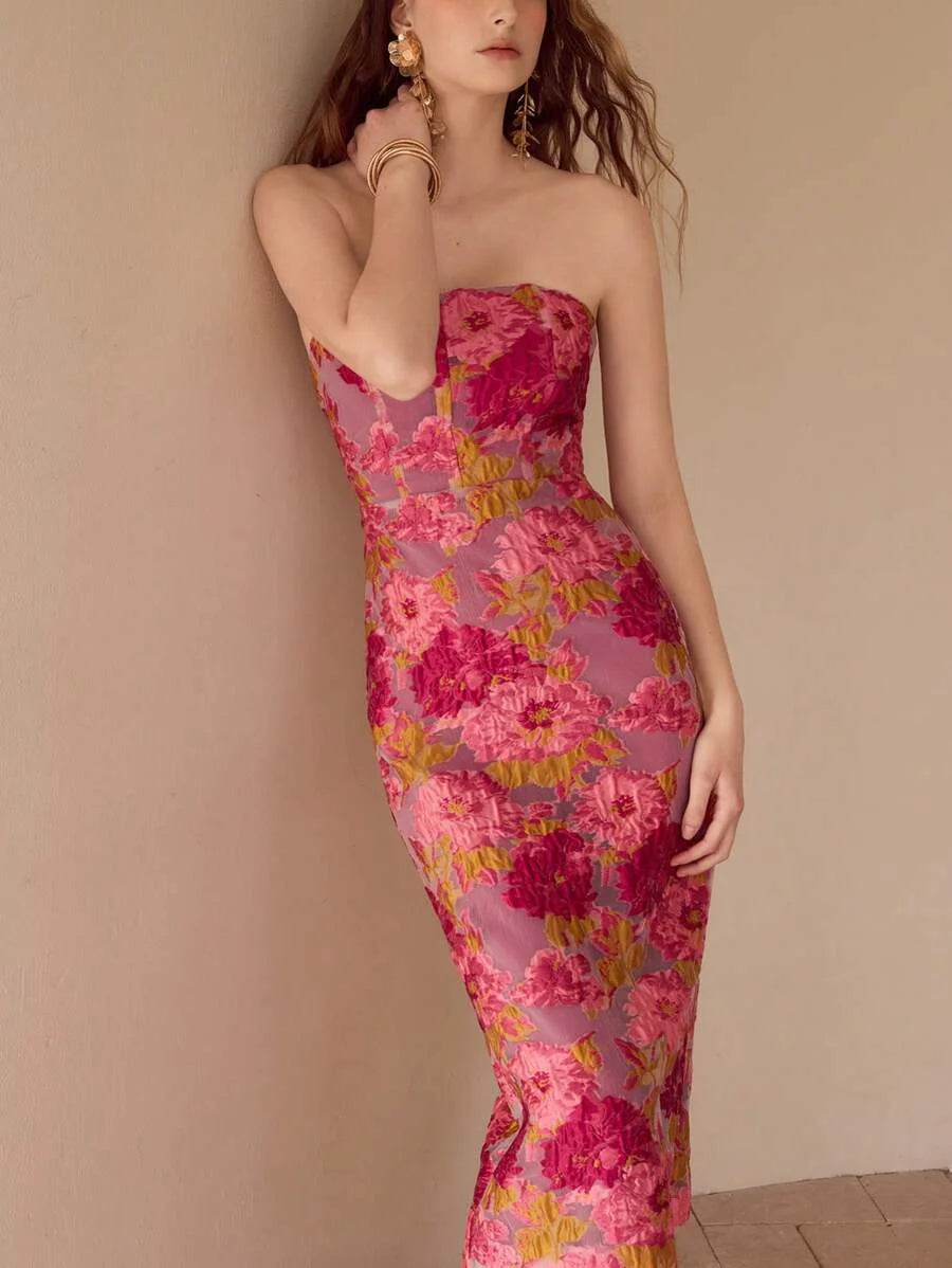 PREMIUM FLORAL JACQUARD TUBE DRESS