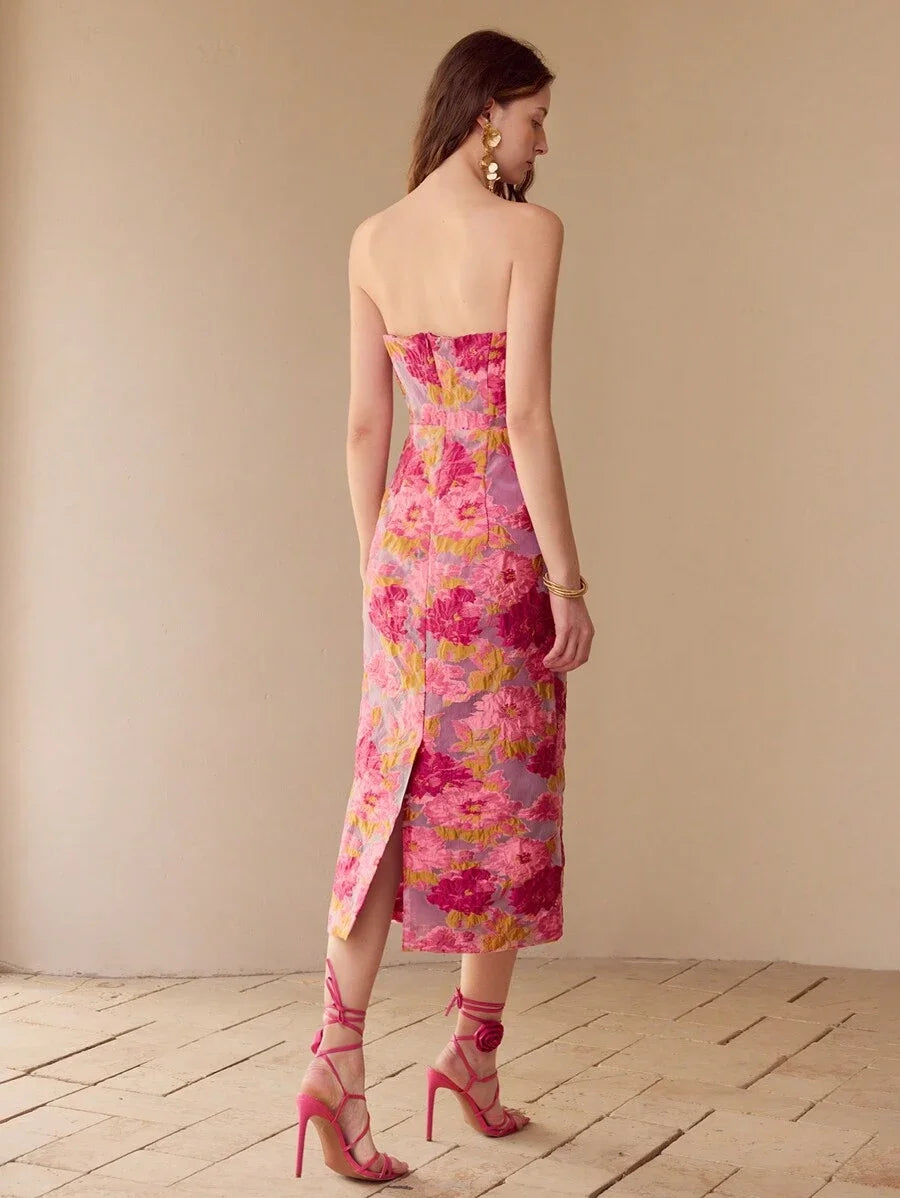 PREMIUM FLORAL JACQUARD TUBE DRESS