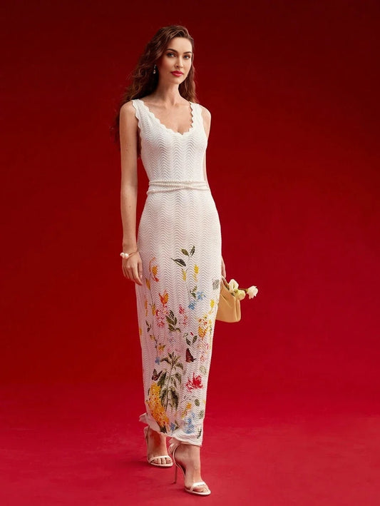 PREMIUM FLORAL PATTERN SCALLOP TRIM SWEATER DRESSSPRINGSUMMER