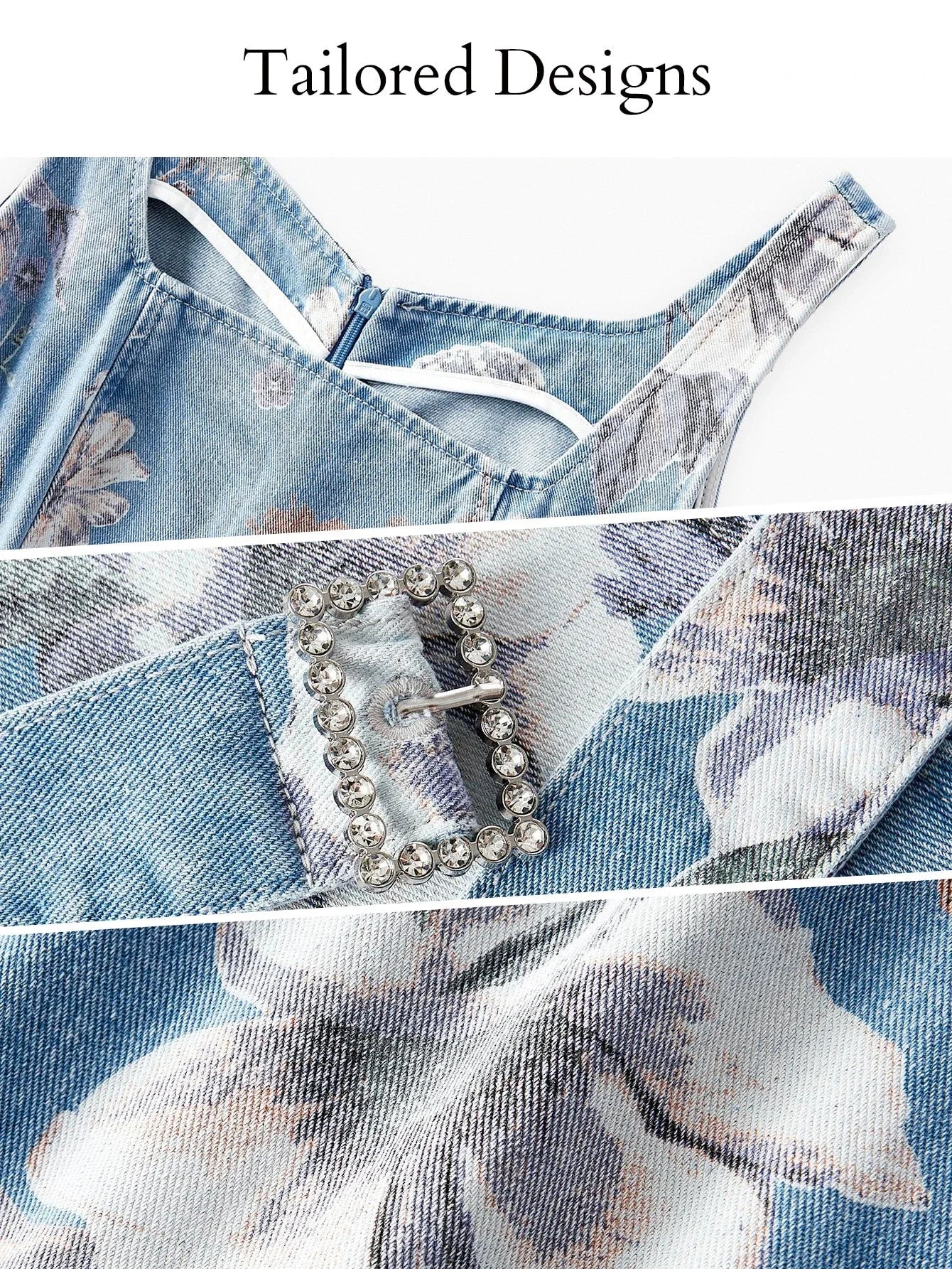 PREMIUM FLORAL PRINT BELTED DENIM DRESS