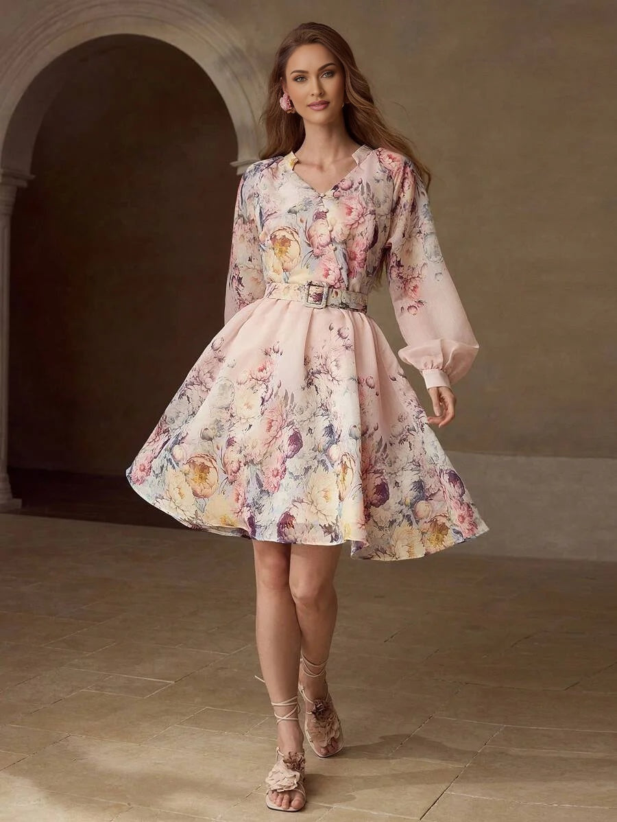 PREMIUM FLORAL PRINT BELTED DRESS