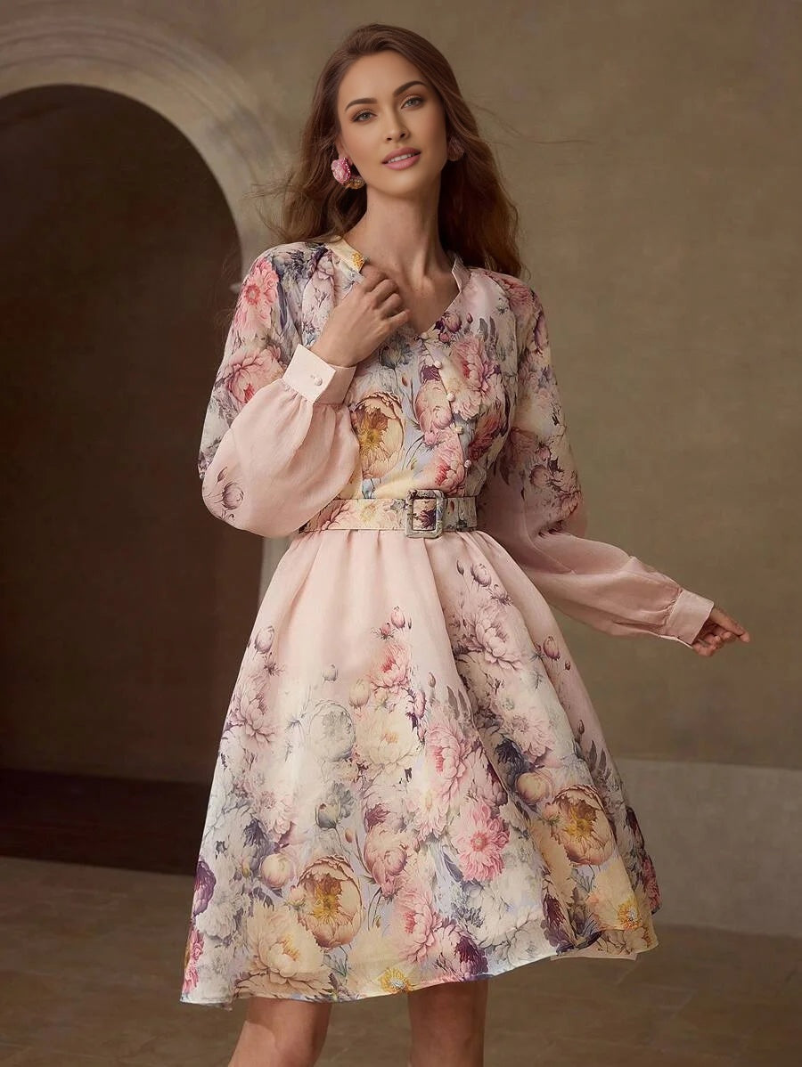 PREMIUM FLORAL PRINT BELTED DRESS