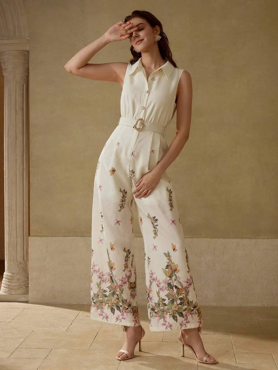 PREMIUM FLORAL PRINT BELTED JUMPSUIT