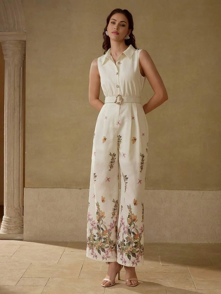 PREMIUM FLORAL PRINT BELTED JUMPSUIT