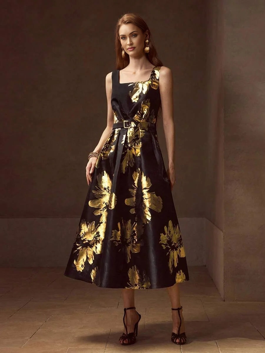 PREMIUM FLORAL PRINT BELTED MIDI DRESS