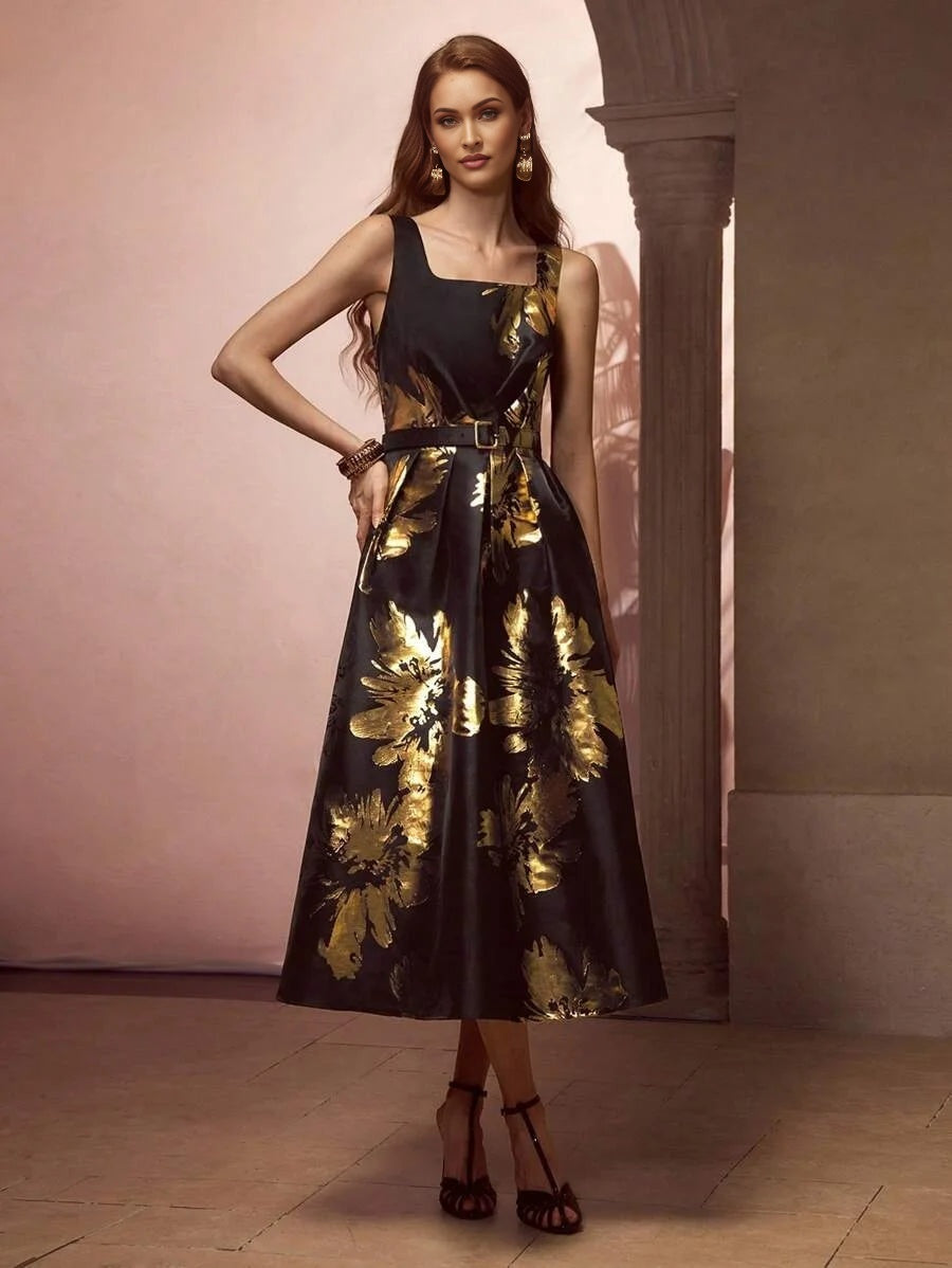 PREMIUM FLORAL PRINT BELTED MIDI DRESS