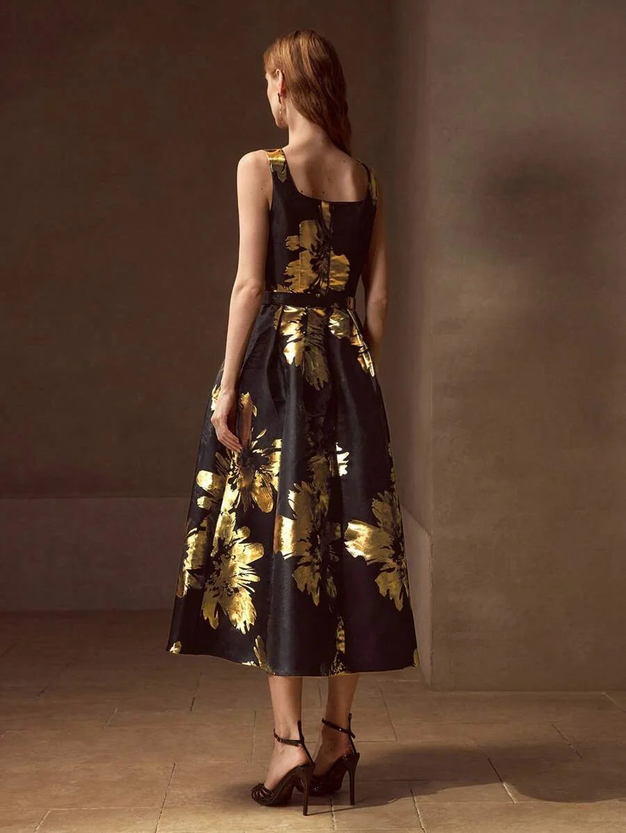 PREMIUM FLORAL PRINT BELTED MIDI DRESS