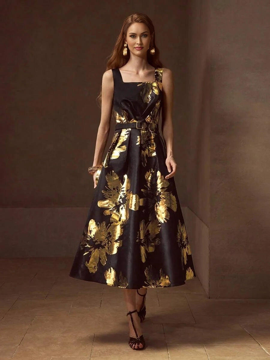 PREMIUM FLORAL PRINT BELTED MIDI DRESS