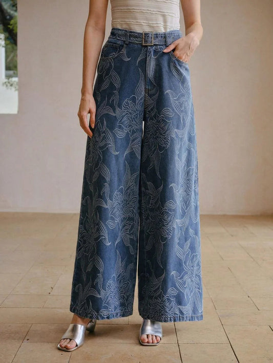 PREMIUM FLORAL PRINT BUCKLE BELTED WIDE LEG JEANS