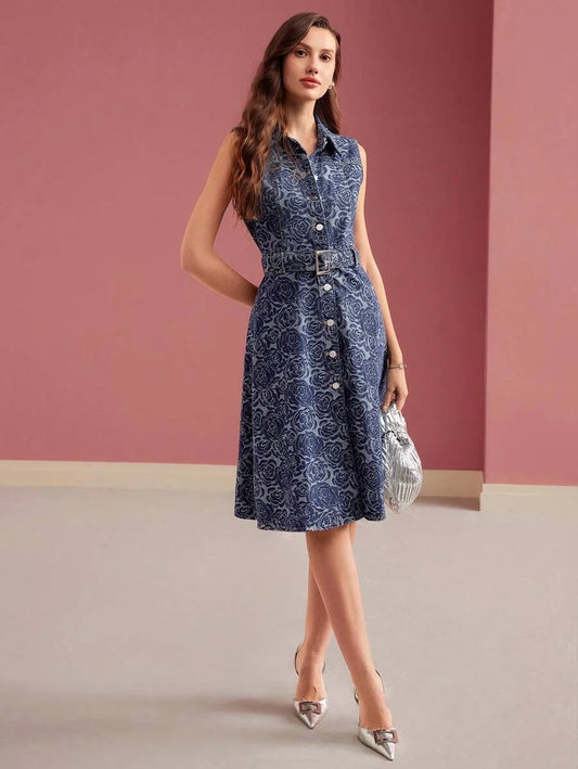 PREMIUM FLORAL PRINT BUTTON UP SLEEVELESS DENIM DRESSSPRINGSUMMER