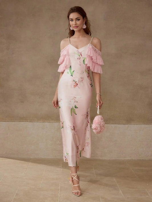 PREMIUM FLORAL PRINT COLD SHOULDER DRESS