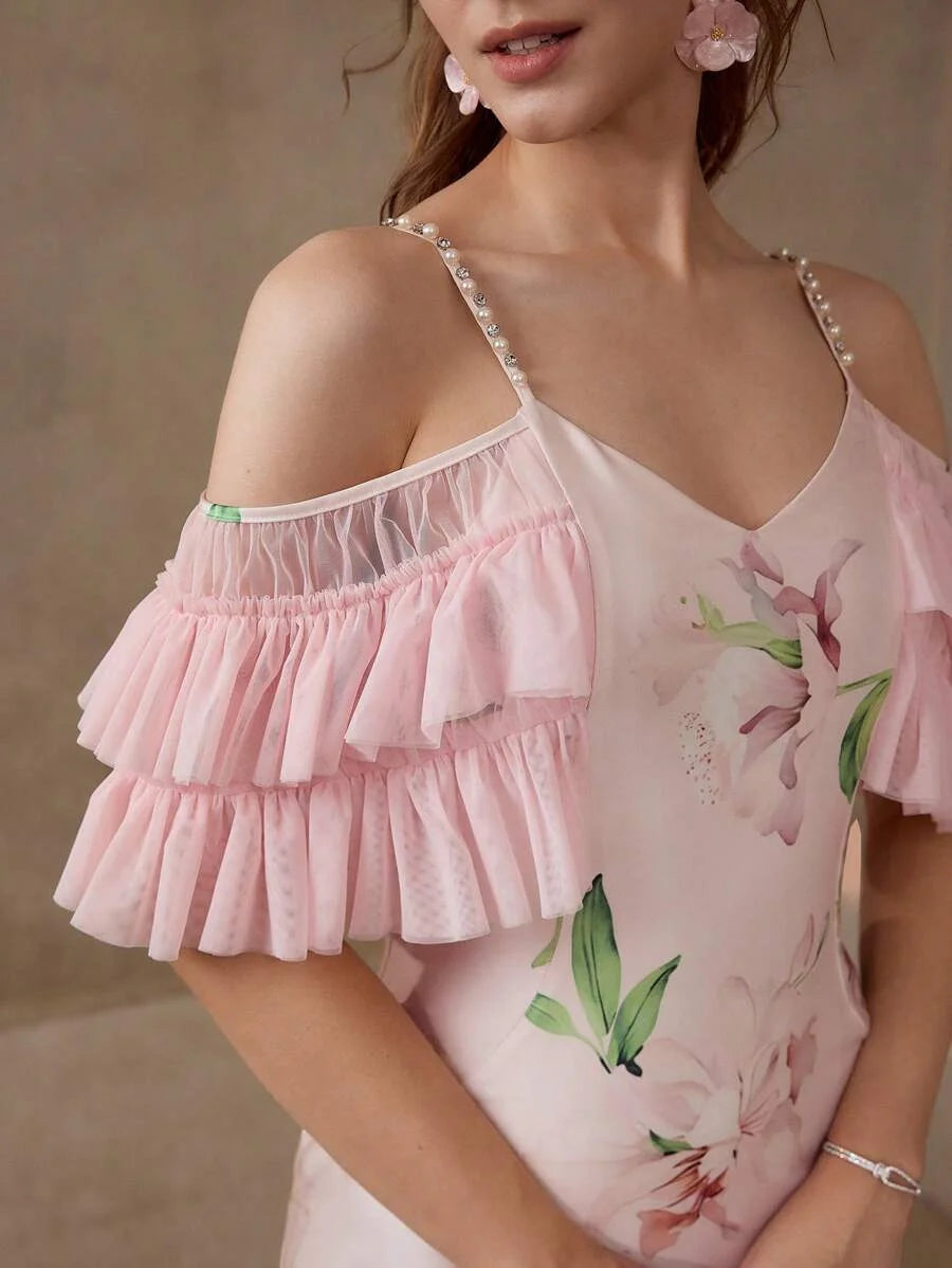 PREMIUM FLORAL PRINT COLD SHOULDER DRESS