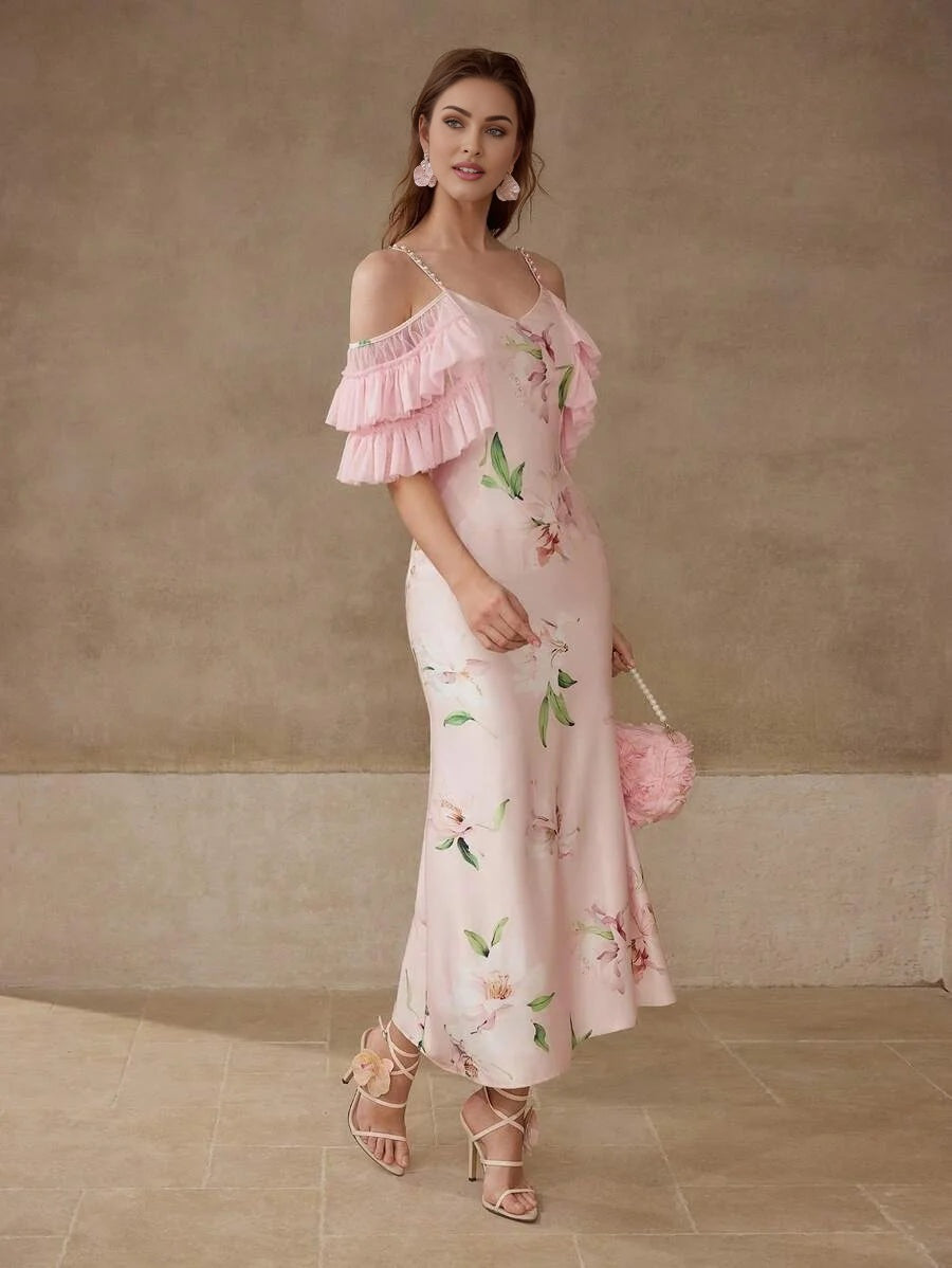 PREMIUM FLORAL PRINT COLD SHOULDER DRESS