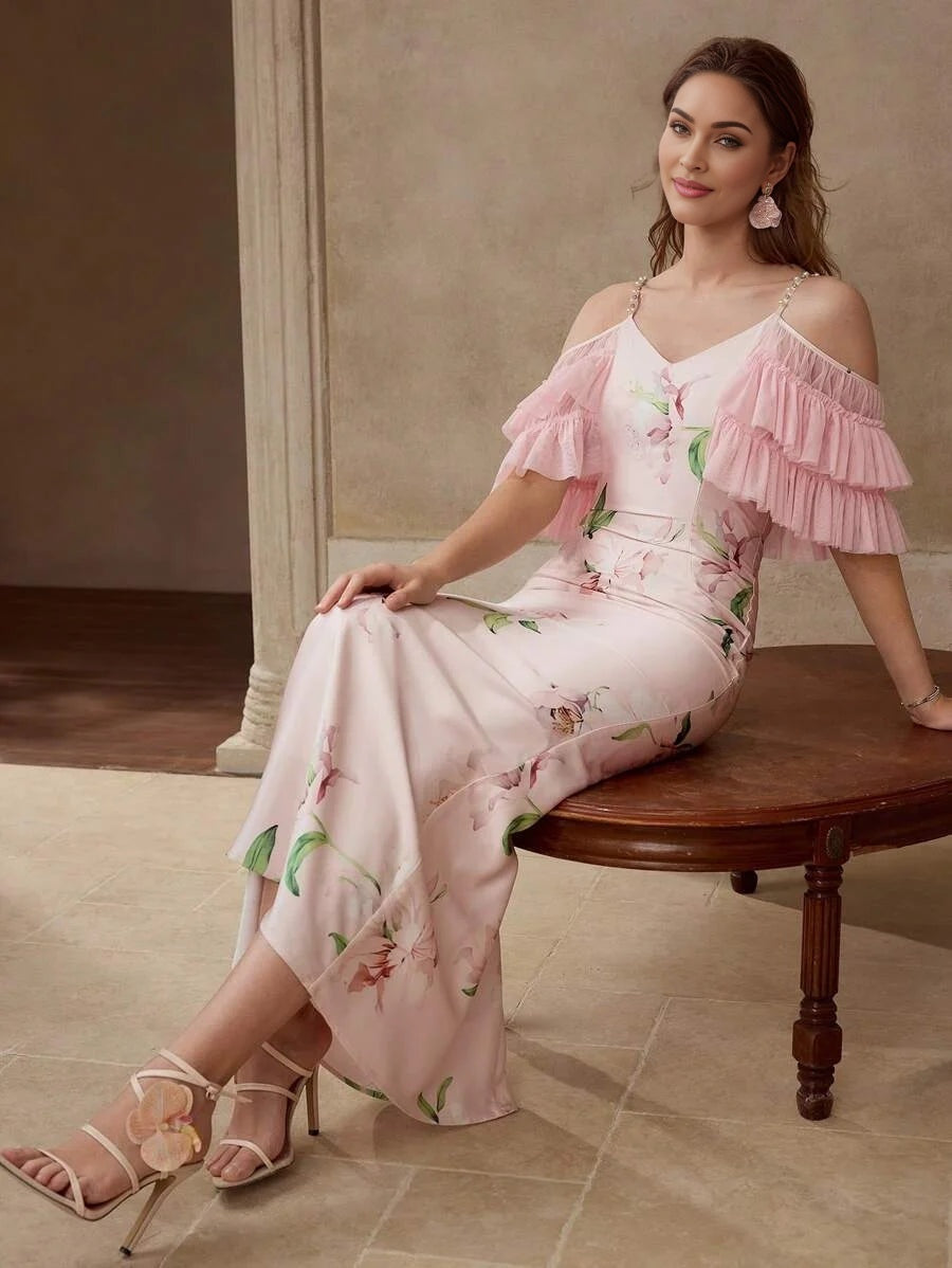 PREMIUM FLORAL PRINT COLD SHOULDER DRESS