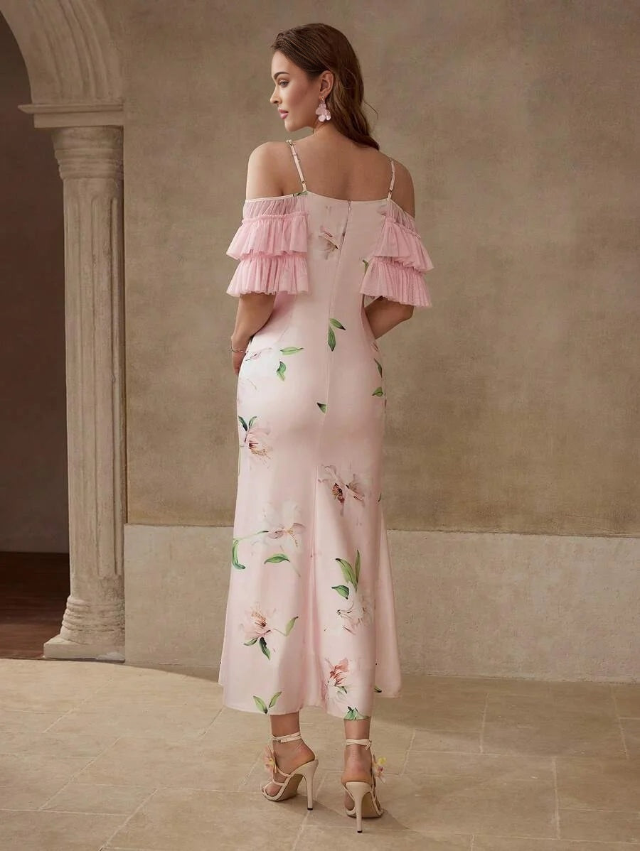 PREMIUM FLORAL PRINT COLD SHOULDER DRESS