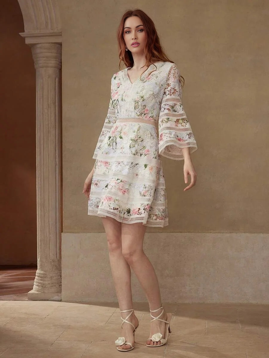 PREMIUM FLORAL PRINT CONTRAST GUIPURE LACE DRESS