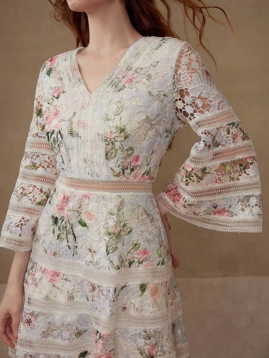 PREMIUM FLORAL PRINT CONTRAST GUIPURE LACE DRESS