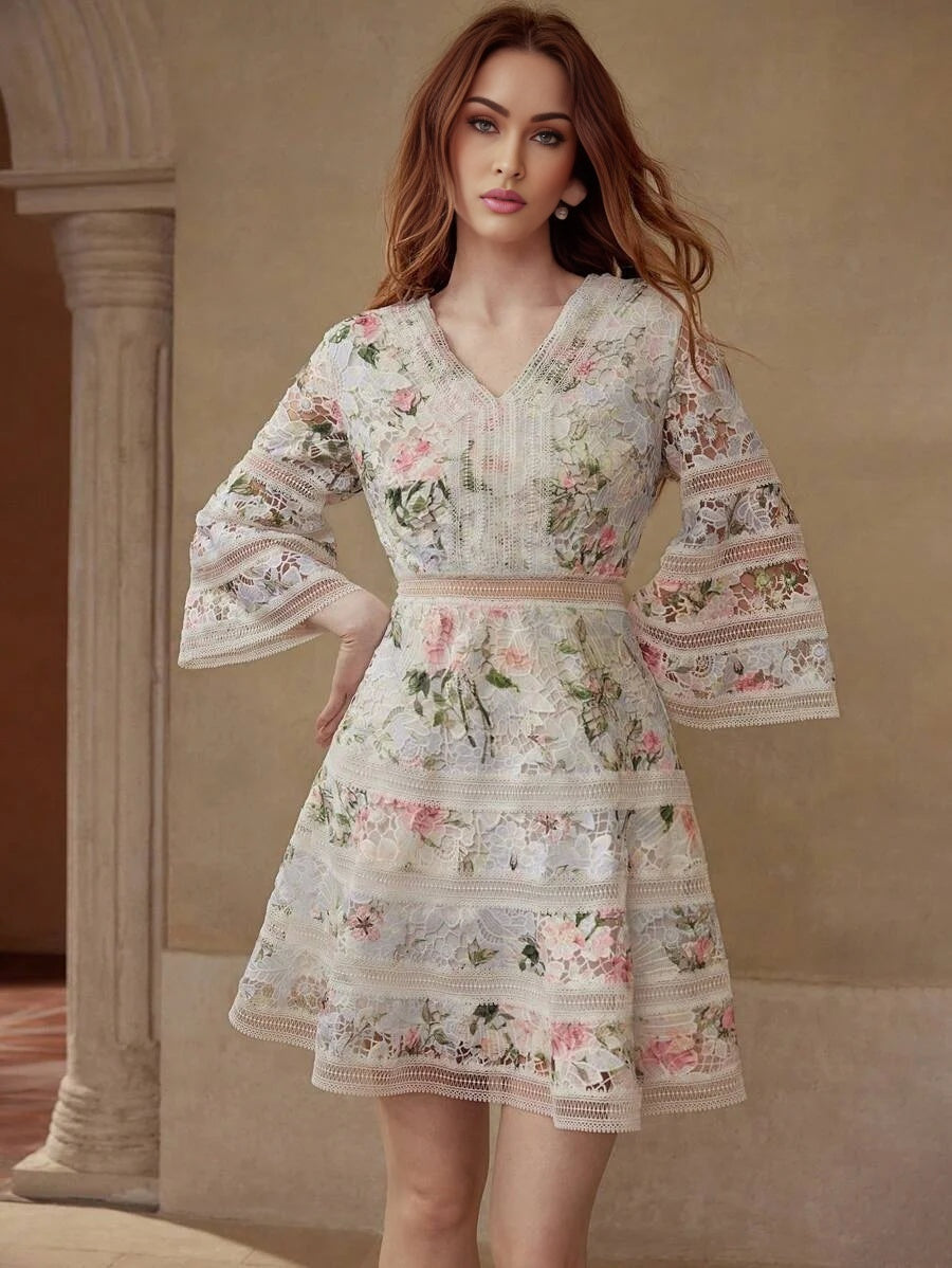 PREMIUM FLORAL PRINT CONTRAST GUIPURE LACE DRESS