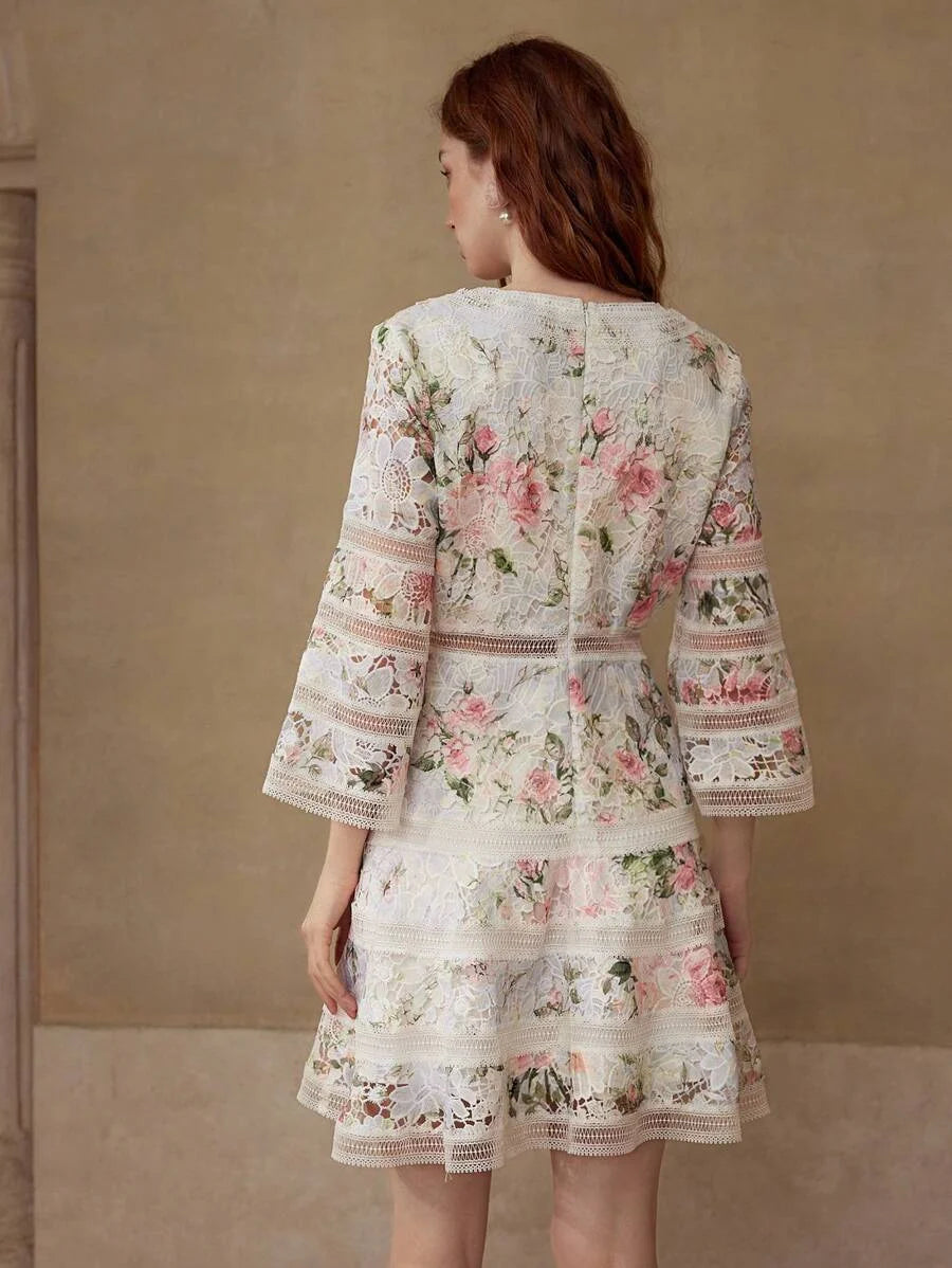 PREMIUM FLORAL PRINT CONTRAST GUIPURE LACE DRESS