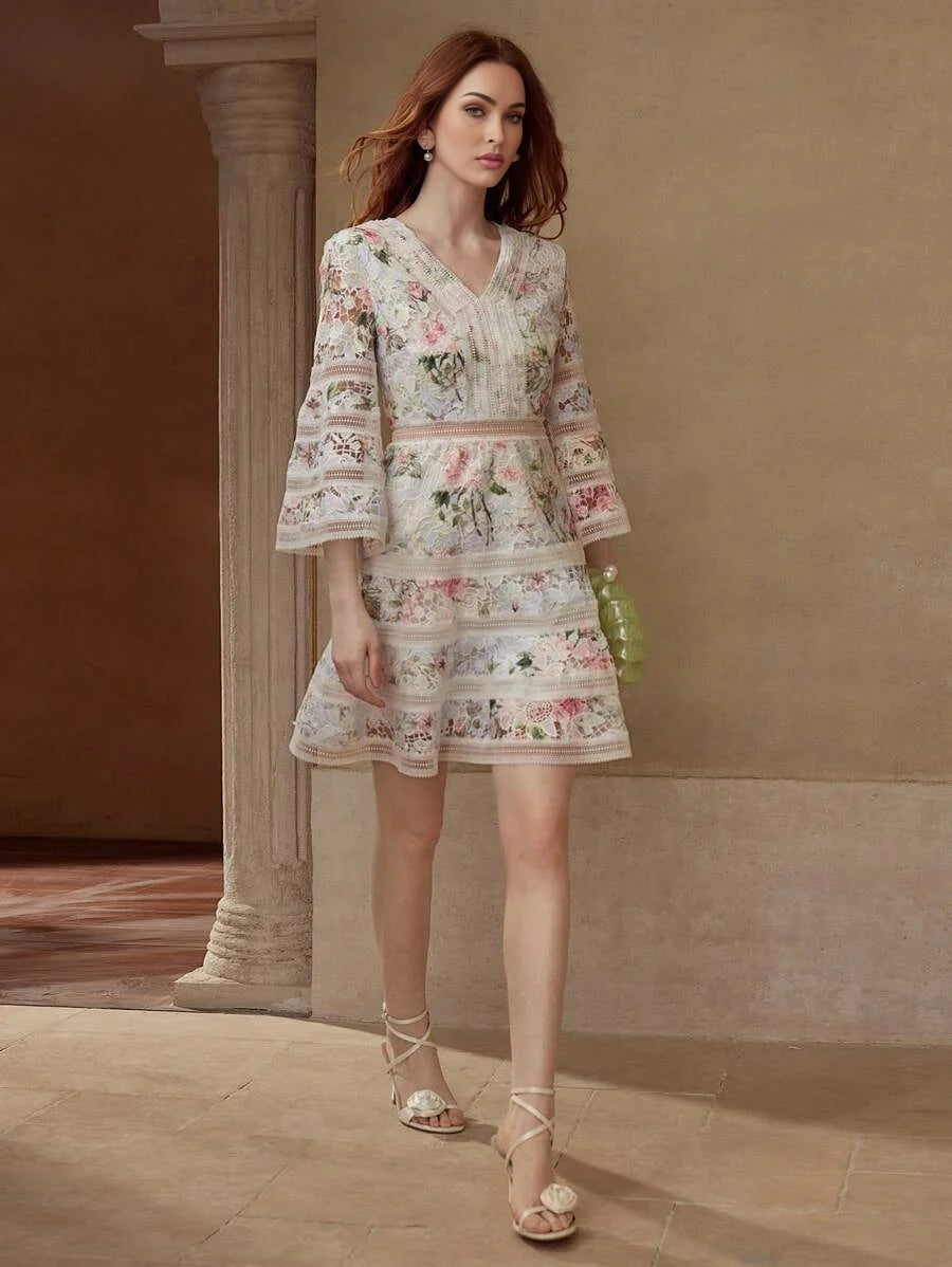 PREMIUM FLORAL PRINT CONTRAST GUIPURE LACE DRESS