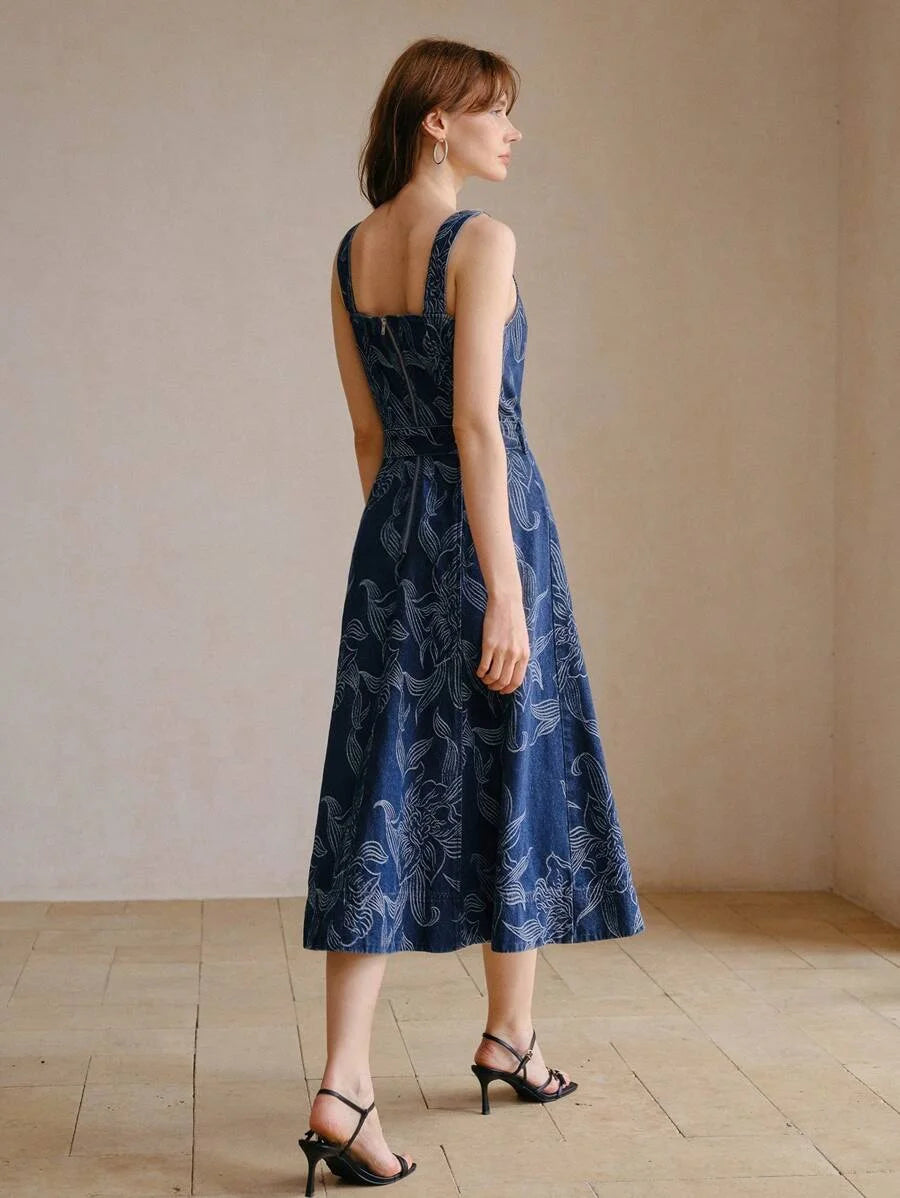 PREMIUM FLORAL PRINT FAUX PEARL BUCKLE BELTED DENIM DRESS