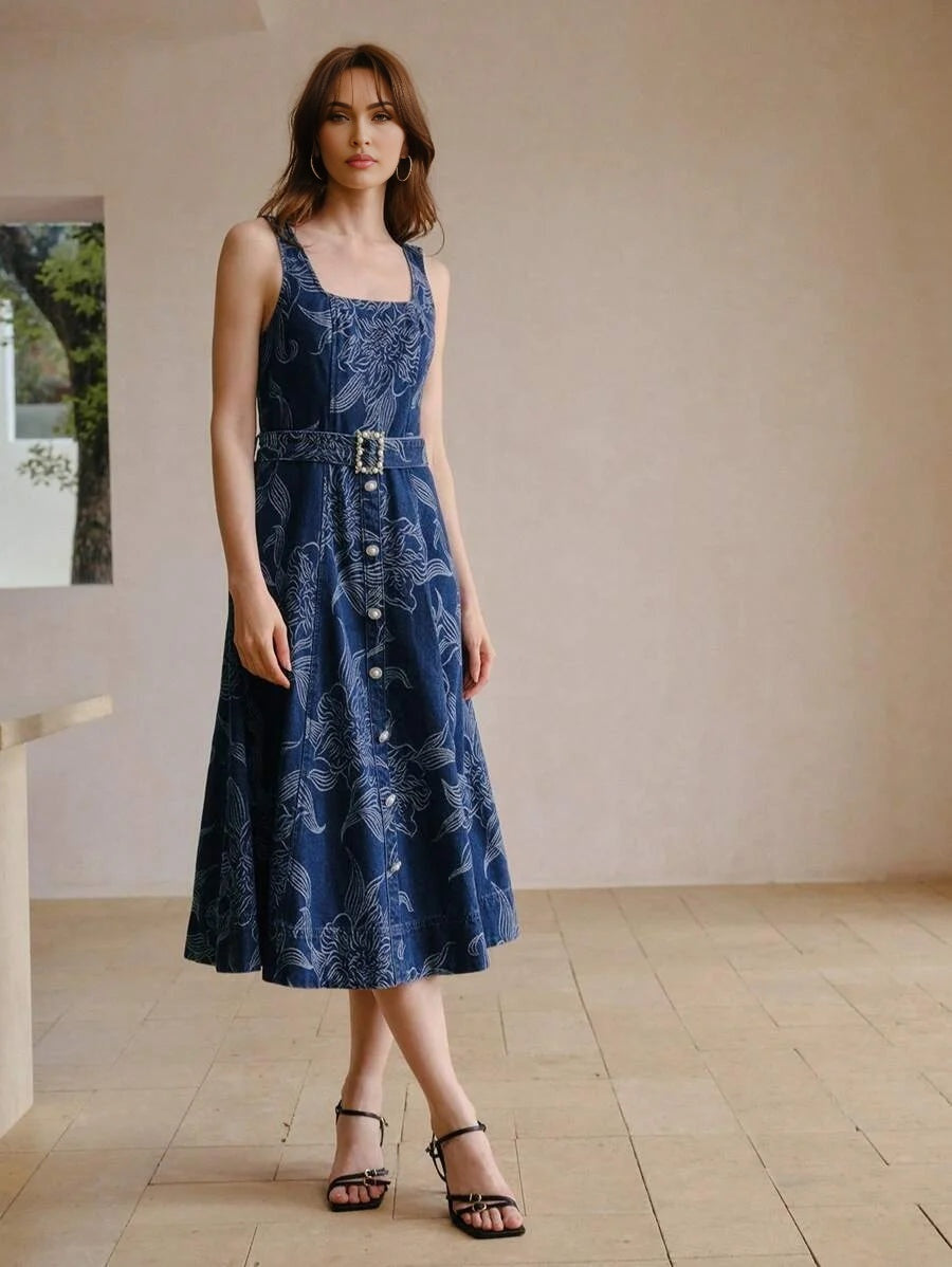 PREMIUM FLORAL PRINT FAUX PEARL BUCKLE BELTED DENIM DRESS