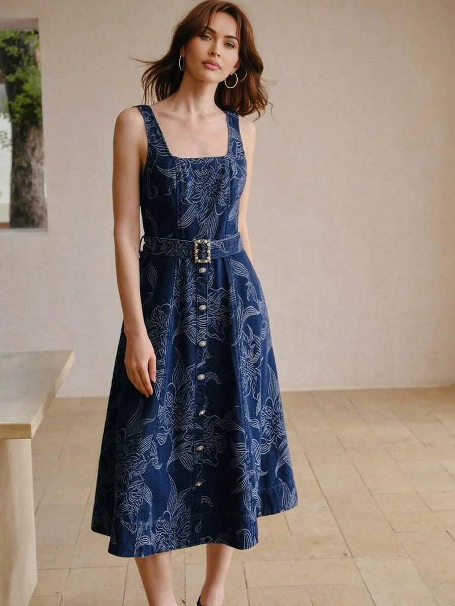 PREMIUM FLORAL PRINT FAUX PEARL BUCKLE BELTED DENIM DRESS