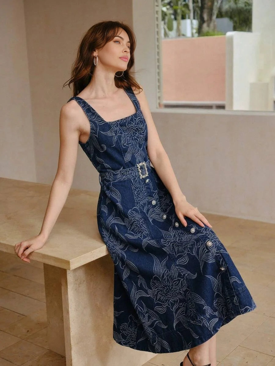 PREMIUM FLORAL PRINT FAUX PEARL BUCKLE BELTED DENIM DRESS