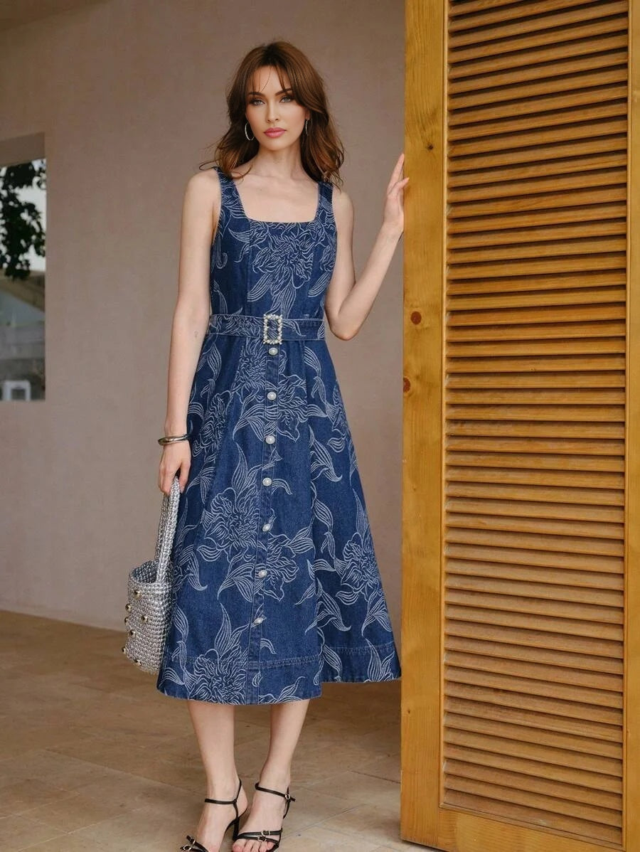 PREMIUM FLORAL PRINT FAUX PEARL BUCKLE BELTED DENIM DRESS