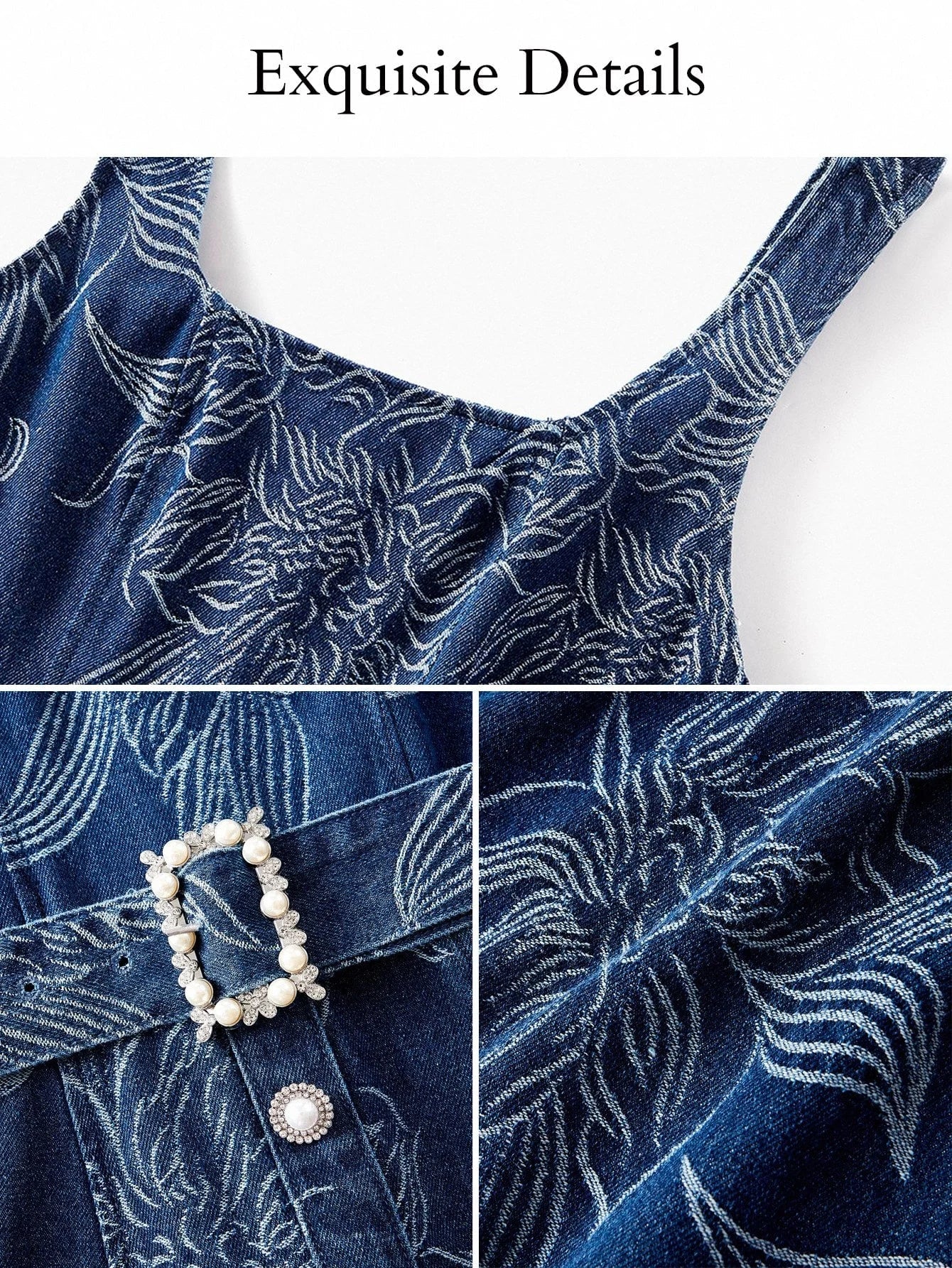 PREMIUM FLORAL PRINT FAUX PEARL BUCKLE BELTED DENIM DRESS