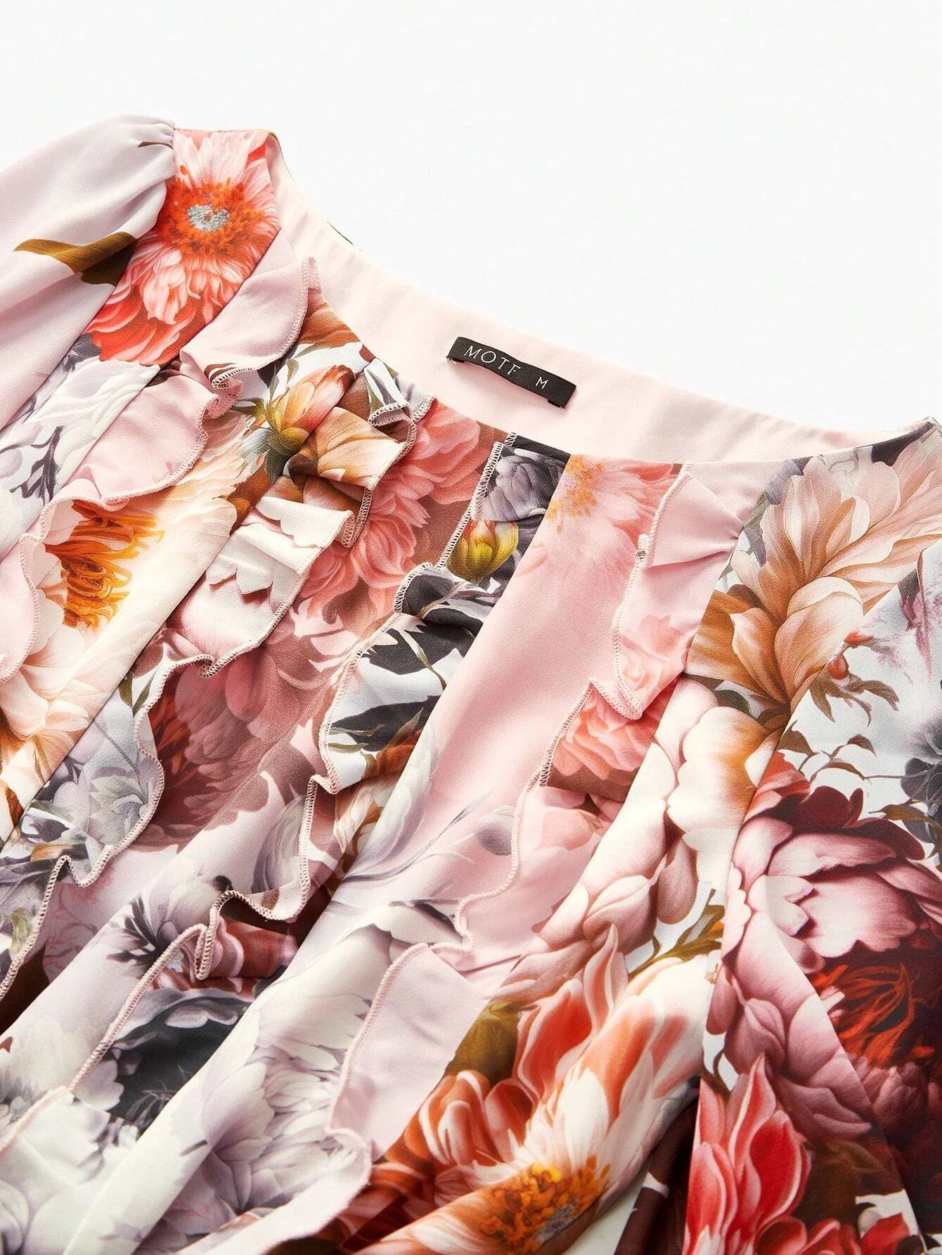 PREMIUM FLORAL PRINT LANTERN SLEEVE RUFFLE TRIM DRESS WITHOUT BELT