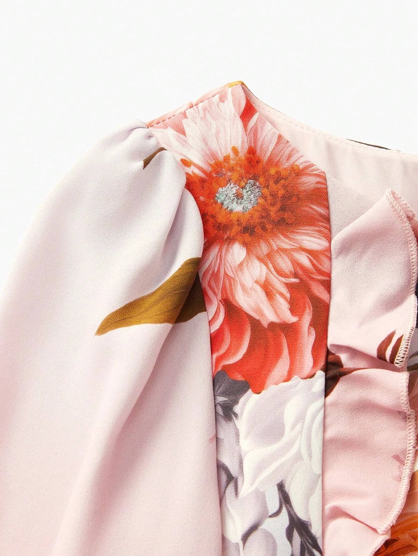 PREMIUM FLORAL PRINT LANTERN SLEEVE RUFFLE TRIM DRESS WITHOUT BELT