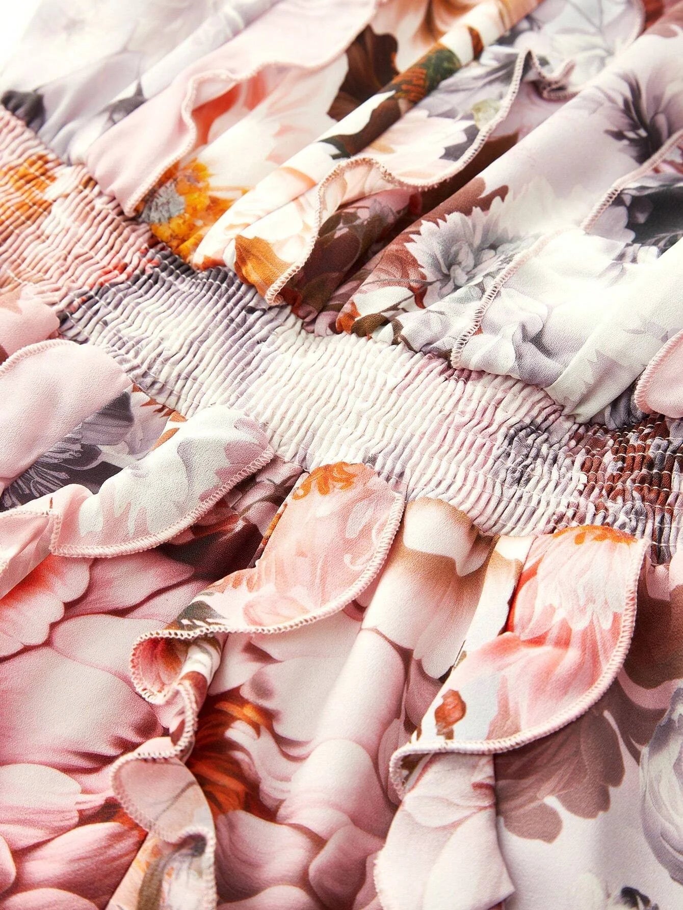 PREMIUM FLORAL PRINT LANTERN SLEEVE RUFFLE TRIM DRESS WITHOUT BELT