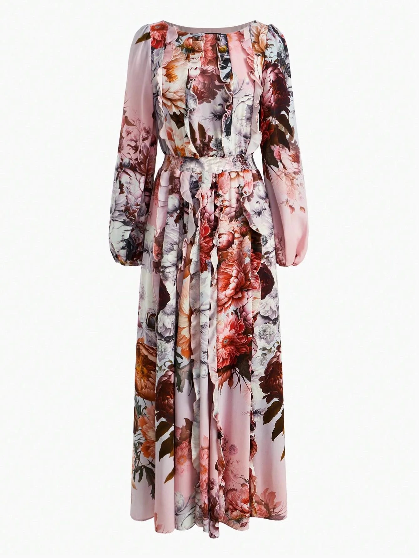 PREMIUM FLORAL PRINT LANTERN SLEEVE RUFFLE TRIM DRESS WITHOUT BELT