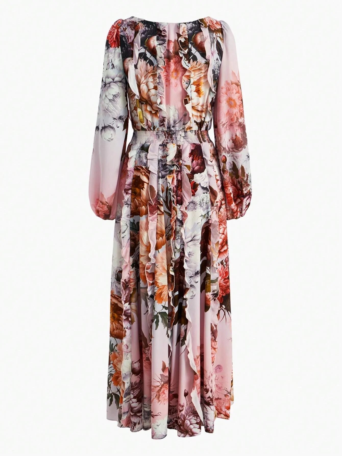 PREMIUM FLORAL PRINT LANTERN SLEEVE RUFFLE TRIM DRESS WITHOUT BELT