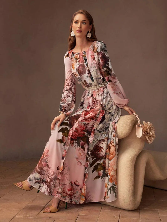 PREMIUM FLORAL PRINT LANTERN SLEEVE RUFFLE TRIM DRESS WITHOUT BELT