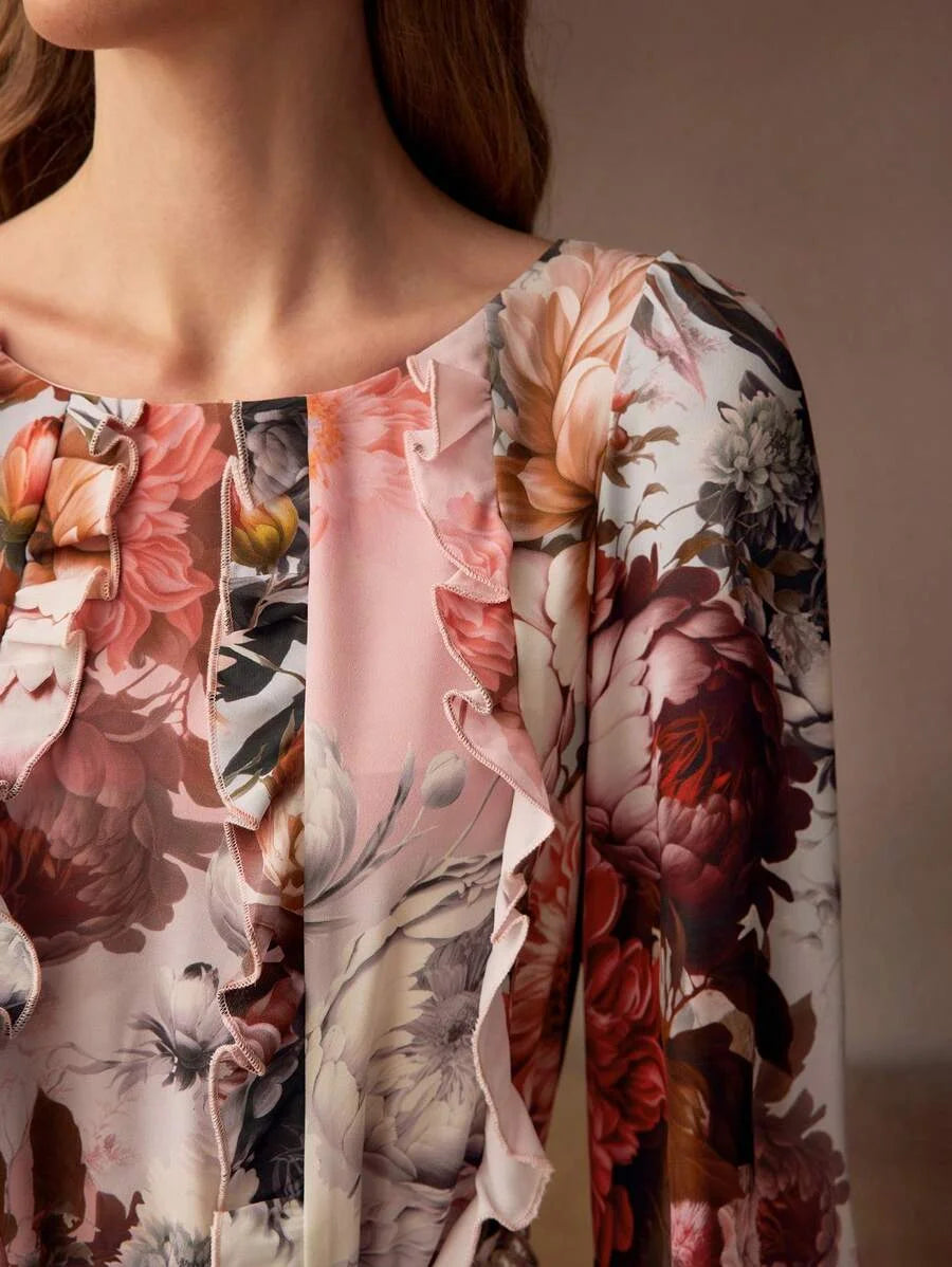 PREMIUM FLORAL PRINT LANTERN SLEEVE RUFFLE TRIM DRESS WITHOUT BELT