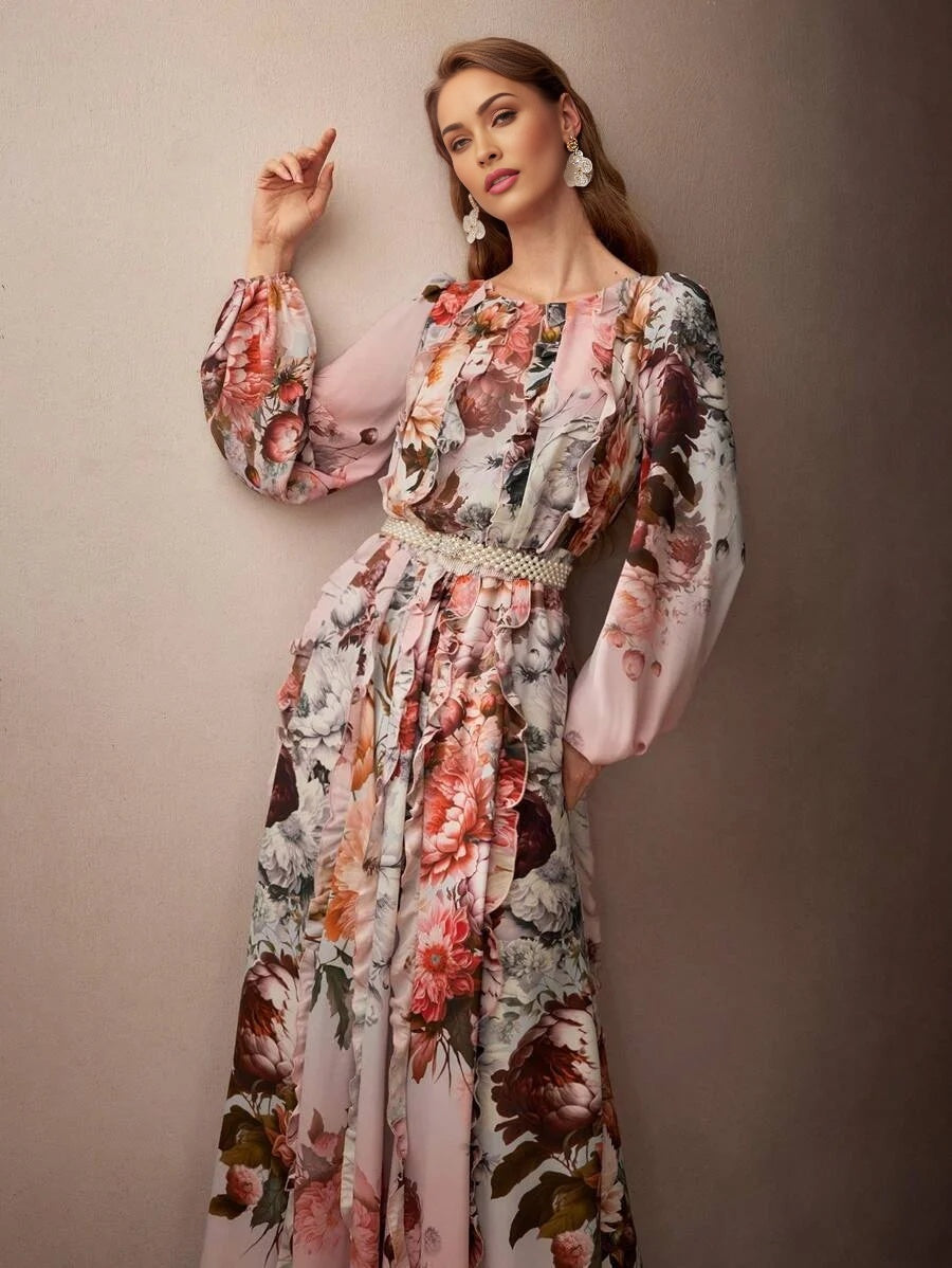 PREMIUM FLORAL PRINT LANTERN SLEEVE RUFFLE TRIM DRESS WITHOUT BELT