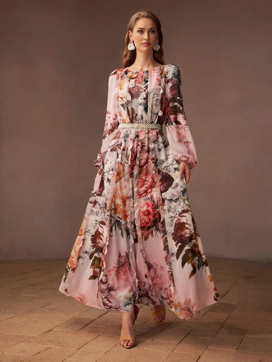 PREMIUM FLORAL PRINT LANTERN SLEEVE RUFFLE TRIM DRESS WITHOUT BELT