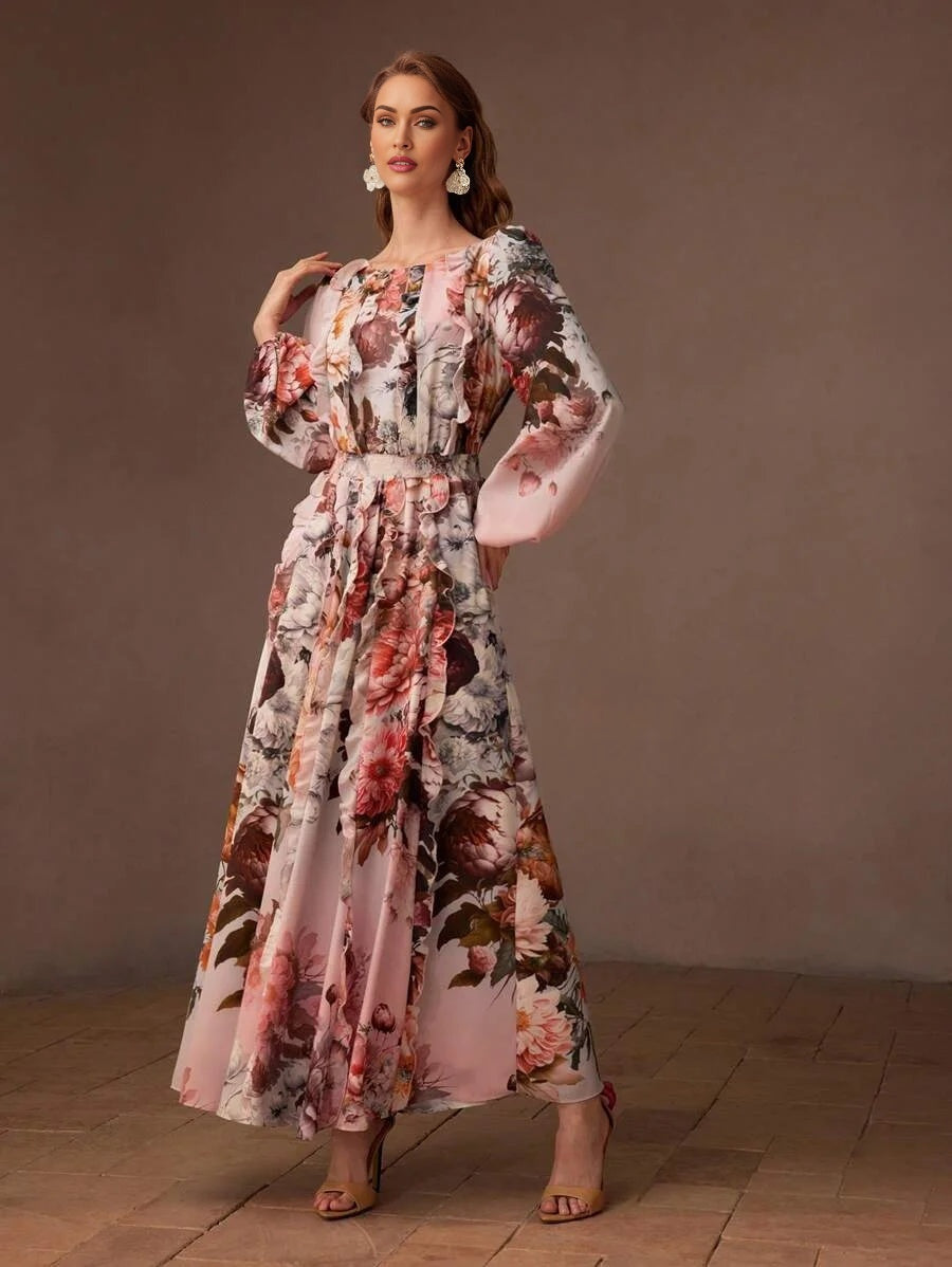 PREMIUM FLORAL PRINT LANTERN SLEEVE RUFFLE TRIM DRESS WITHOUT BELT