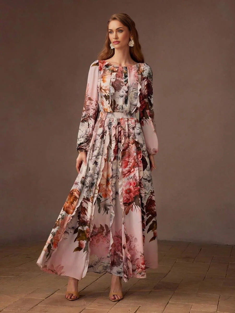 PREMIUM FLORAL PRINT LANTERN SLEEVE RUFFLE TRIM DRESS WITHOUT BELT