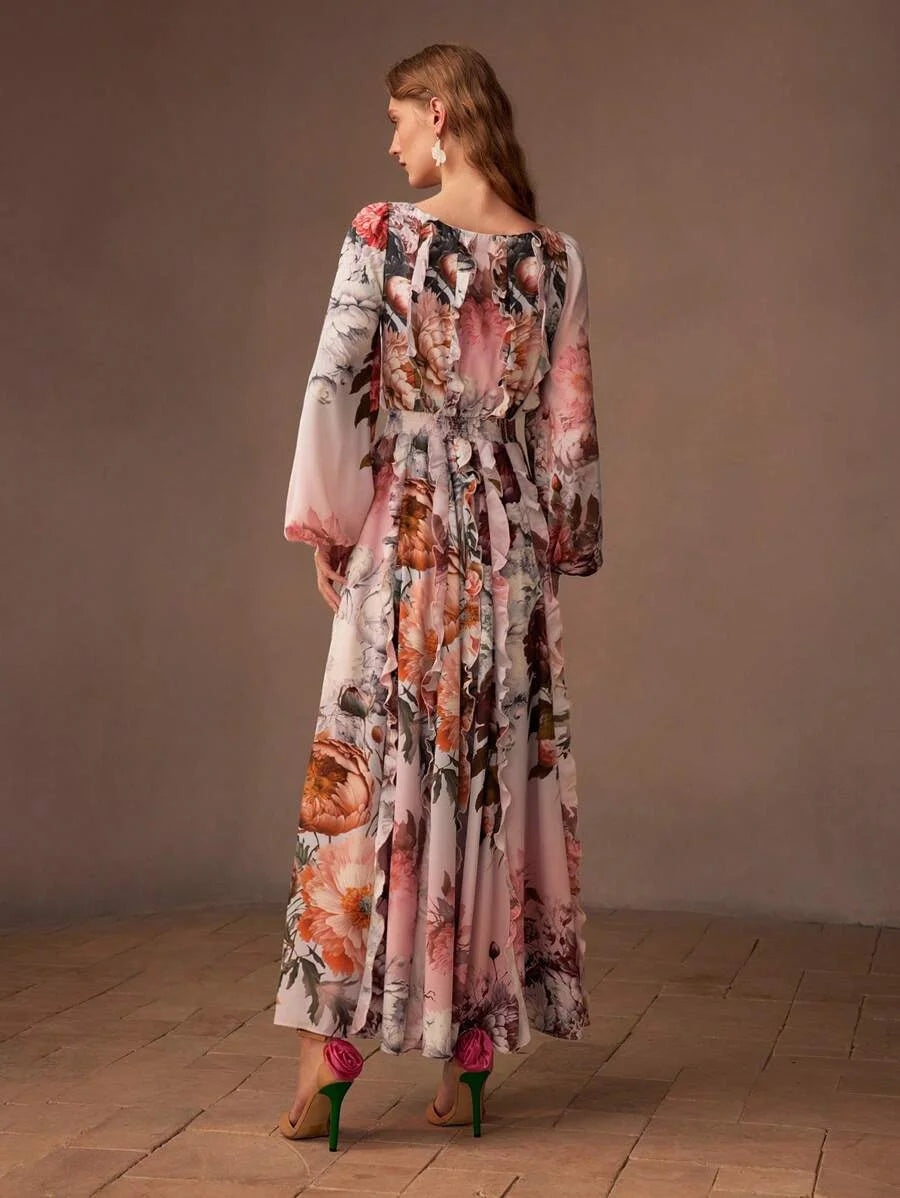 PREMIUM FLORAL PRINT LANTERN SLEEVE RUFFLE TRIM DRESS WITHOUT BELT