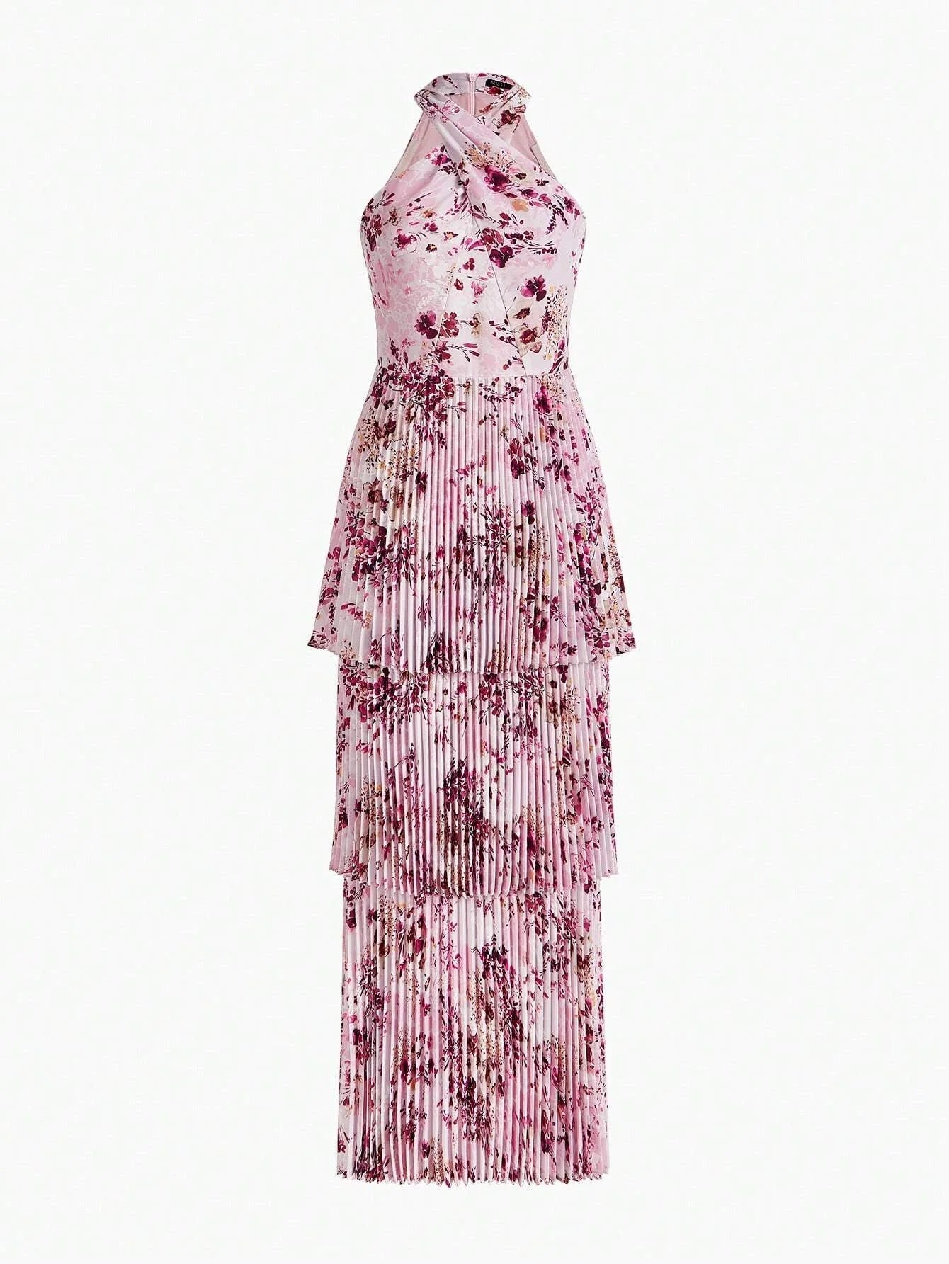 PREMIUM FLORAL PRINT LAYERED PLEATED HEM CRISSCROSS HALTER NECK DRESSHOLIDAY PARTY BIRTHDAY FORMAL