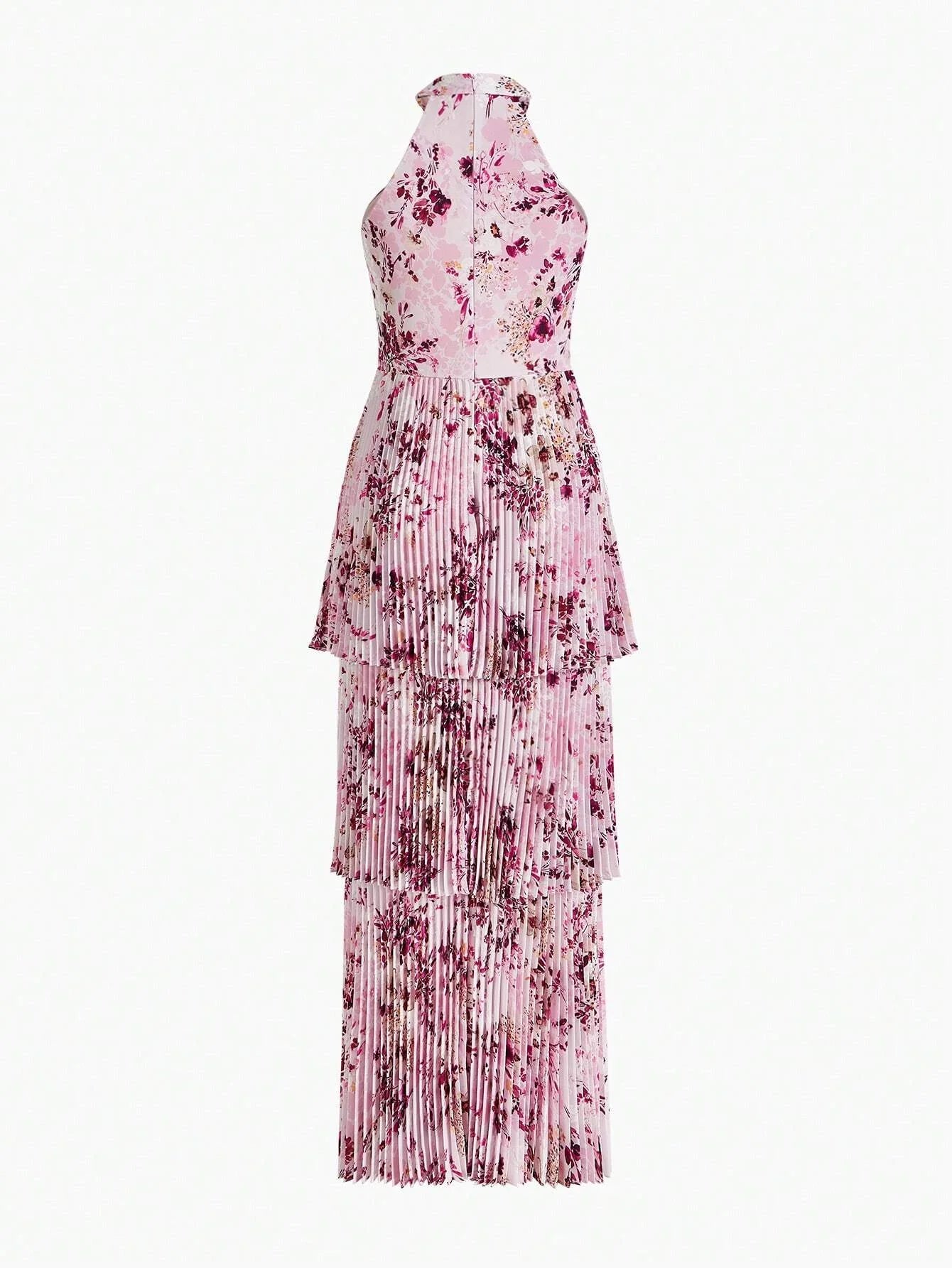 PREMIUM FLORAL PRINT LAYERED PLEATED HEM CRISSCROSS HALTER NECK DRESSHOLIDAY PARTY BIRTHDAY FORMAL