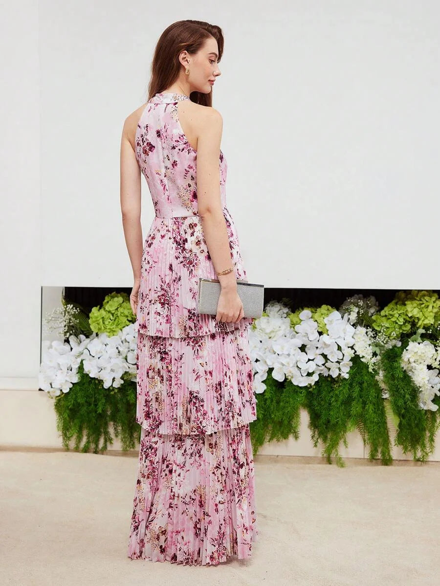 PREMIUM FLORAL PRINT LAYERED PLEATED HEM CRISSCROSS HALTER NECK DRESSHOLIDAY PARTY BIRTHDAY FORMAL
