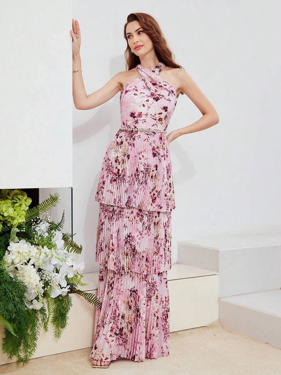 PREMIUM FLORAL PRINT LAYERED PLEATED HEM CRISSCROSS HALTER NECK DRESSHOLIDAY PARTY BIRTHDAY FORMAL